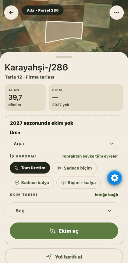 Ekim açarken iş kapsamı seçimi
